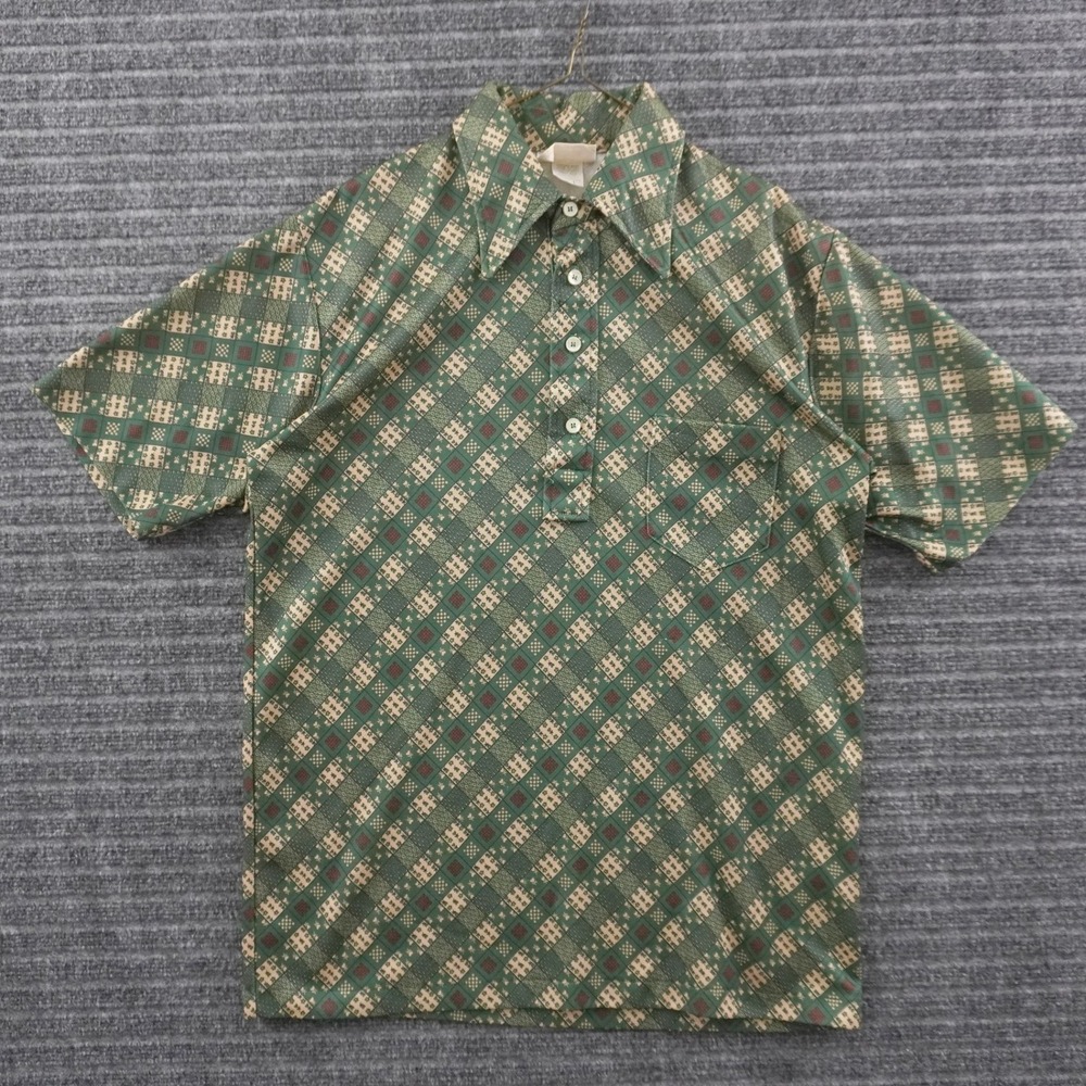 Vintage 70s Jantzen Polo Shirt Mens Large Green Geometric Patchwork Print USA